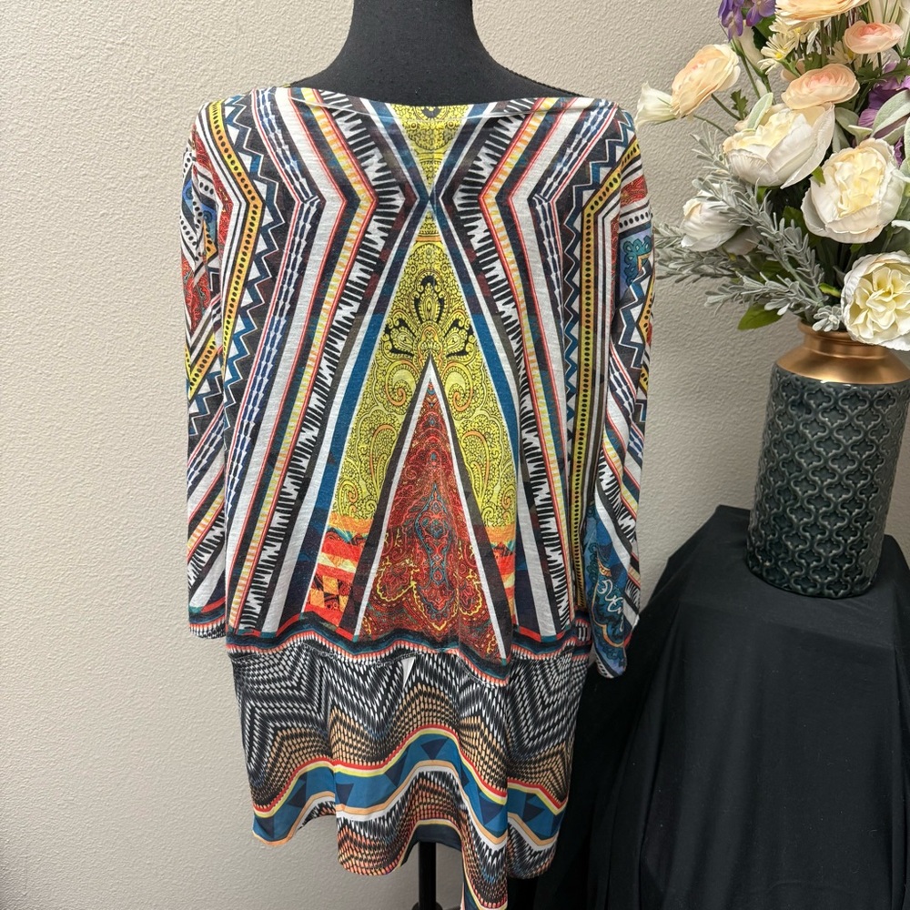 French Blue Boho Tunic Top 3X | Multicolor Aztec Print Fall Festival Blouse - Picture 4 of 8